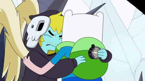 A Cartoon Character Wearing A Skull Mask Hugs Another Character GIF