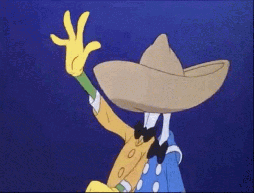 A Cartoon Character Wearing A Sombrero And A Bow Tie Is Waving . GIF