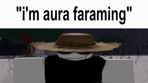 a cartoon character wearing a straw hat with the words " i 'm aura faraming " below it