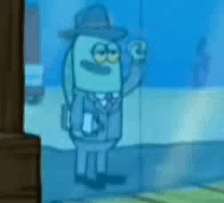 A Cartoon Character Wearing A Suit And Hat Is Waving . GIF