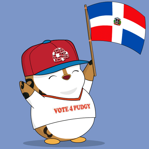 A Cartoon Character Wearing A Vote 4 Pudgy Shirt Is Holding A Dominican Flag GIF
