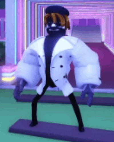 A Cartoon Character Wearing A White Coat And A Black Turtleneck Is Standing In A Room . GIF