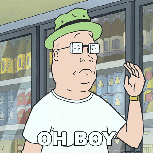 a cartoon character wearing a white shirt that says oh boy on it
