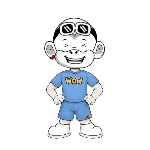 a cartoon character wearing a wow shirt and shorts