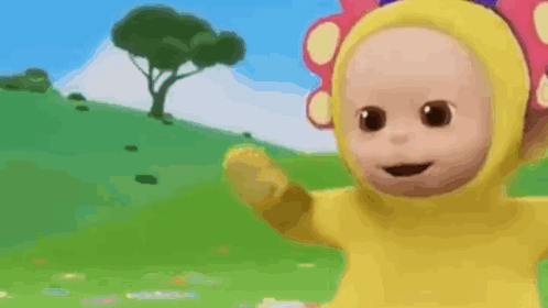 a cartoon character wearing a yellow butterfly costume is waving his hand