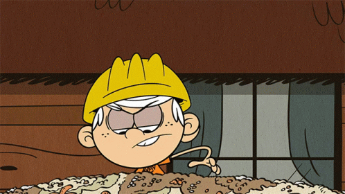 A Cartoon Character Wearing A Yellow Hard Hat Stands In A Pile Of Dirt GIF