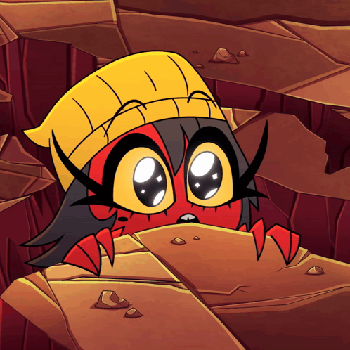 A Cartoon Character Wearing A Yellow Hat Is Looking Out Of A Hole In The Ground GIF