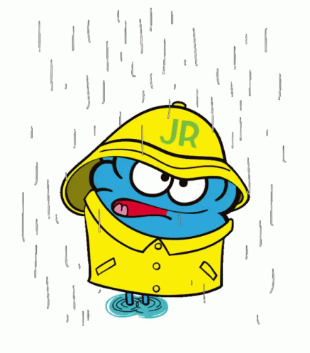 A Cartoon Character Wearing A Yellow Raincoat With Jr On It GIF