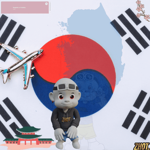 A Cartoon Character Wearing A Zhot Hoodie Sits In Front Of A South Korean Flag GIF