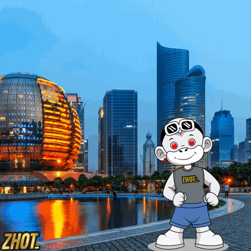 A Cartoon Character Wearing A Zhot Shirt Stands In Front Of A City At Night GIF