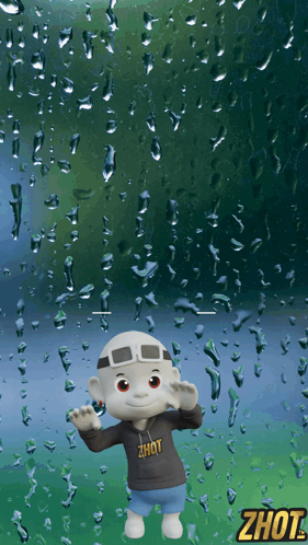 A Cartoon Character Wearing A Zhot Shirt Stands In Front Of A Window With Water Drops On It GIF