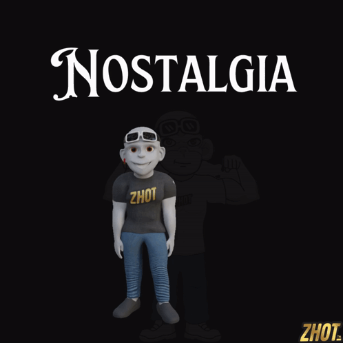 a cartoon character wearing a zhot shirt stands in front of the word nostalgia