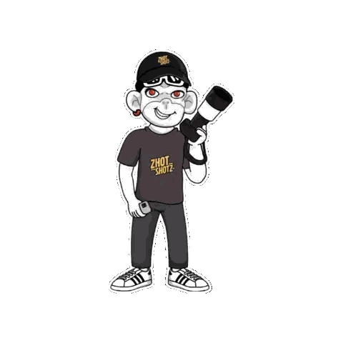 a cartoon character wearing a zhot shotz shirt holds a telescope