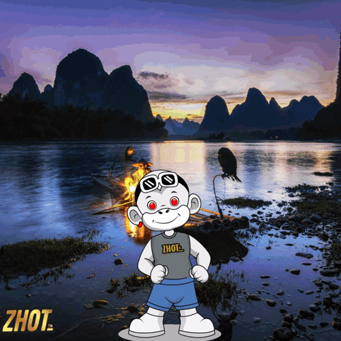 A Cartoon Character Wearing A Zhout Shirt Stands In Front Of A Lake GIF