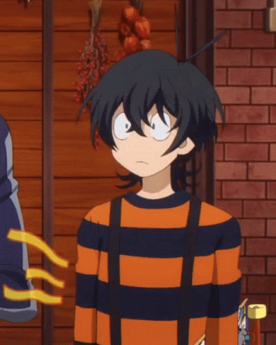 A Cartoon Character Wearing An Orange And Black Striped Shirt With Suspenders GIF