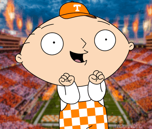 A Cartoon Character Wearing An Orange Hat With T On It GIF