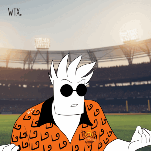 A Cartoon Character Wearing An Orange Shirt With Wtx Written On The Bottom GIF