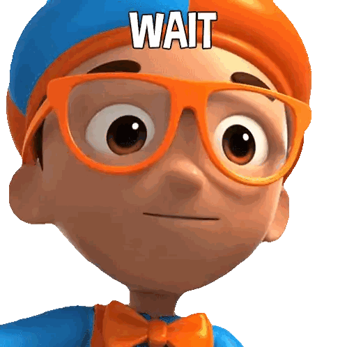 a cartoon character wearing glasses and a blue and orange hat has the word wait on his head