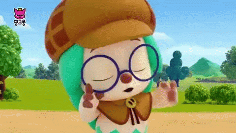 A Cartoon Character Wearing Glasses And A Hat Is Standing In A Field With Her Eyes Closed GIF