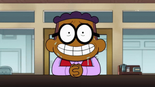 A Cartoon Character Wearing Glasses And A Red Vest Is Smiling GIF