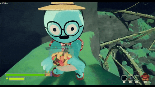 A Cartoon Character Wearing Glasses And A Straw Hat Holds A Hamburger GIF