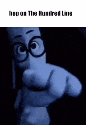 A Cartoon Character Wearing Glasses Is Pointing At The Camera With The Words Hop On The Hundred Line Below Him . GIF