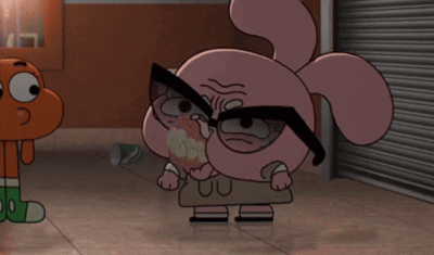 A Cartoon Character Wearing Glasses Is Standing Next To An Orange Character GIF
