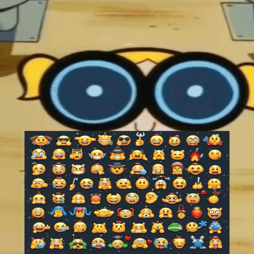 A Cartoon Character Wearing Glasses With A Bunch Of Smiley Faces On It GIF