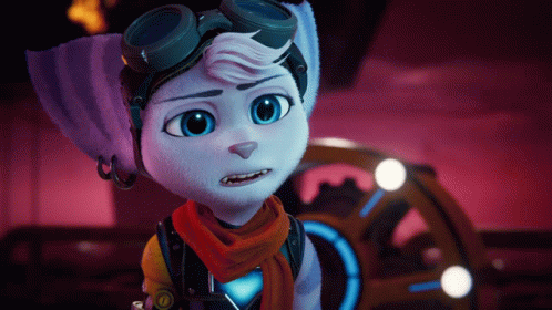 A Cartoon Character Wearing Goggles And A Scarf Looks At The Camera GIF