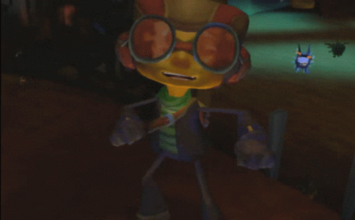 A Cartoon Character Wearing Goggles And Headphones Is Standing In A Dark Room GIF