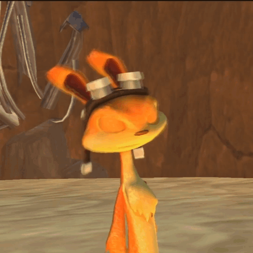 A Cartoon Character Wearing Goggles Stands On A Wooden Table GIF