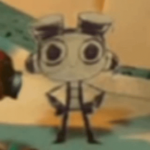 A Cartoon Character Wearing Headphones And Goggles Is Standing In Front Of A Wall . GIF