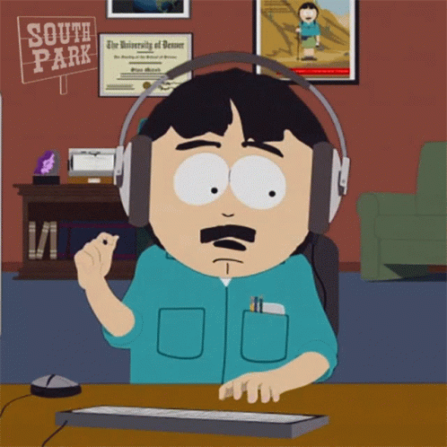 A Cartoon Character Wearing Headphones Sitting At A Desk With A South Park Sign Behind Him GIF