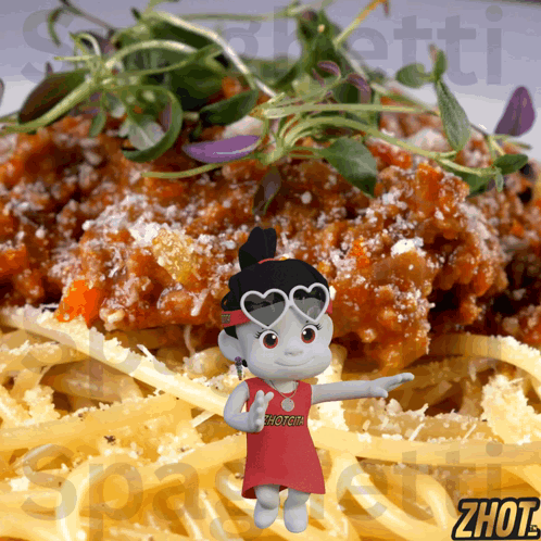 A Cartoon Character Wearing Heart Shaped Sunglasses Stands In Front Of Spaghetti GIF