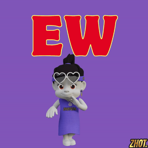A Cartoon Character Wearing Heart Shaped Sunglasses Stands In Front Of The Word Ew On A Purple Background GIF