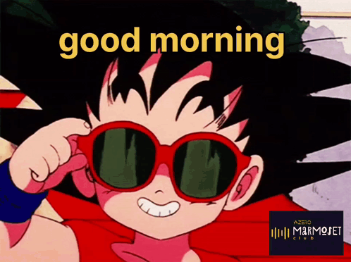 A Cartoon Character Wearing Red Sunglasses With The Words " Good Morning " Above Him GIF