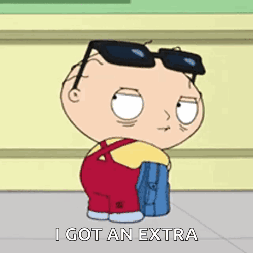 A Cartoon Character Wearing Sunglasses And A Backpack Says " I Got An Extra " GIF