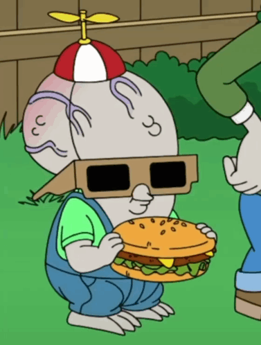 Cartoon Character With Sunglasses And Hat Holding Hamburger GIF