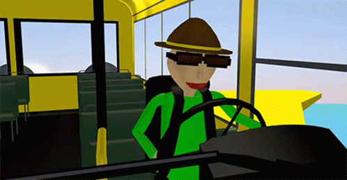 A Cartoon Character Wearing Sunglasses And A Hat Is Driving A Yellow Bus GIF