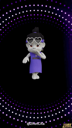 A Cartoon Character Wearing Sunglasses And A Purple Dress Is Surrounded By Balloons And Fireworks And Says Happy GIF