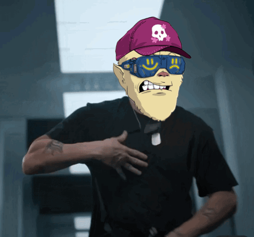 A Cartoon Character Wearing Sunglasses And A Skull Hat GIF