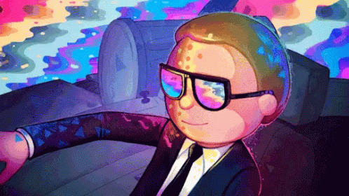 a cartoon character wearing sunglasses and a suit is driving a car