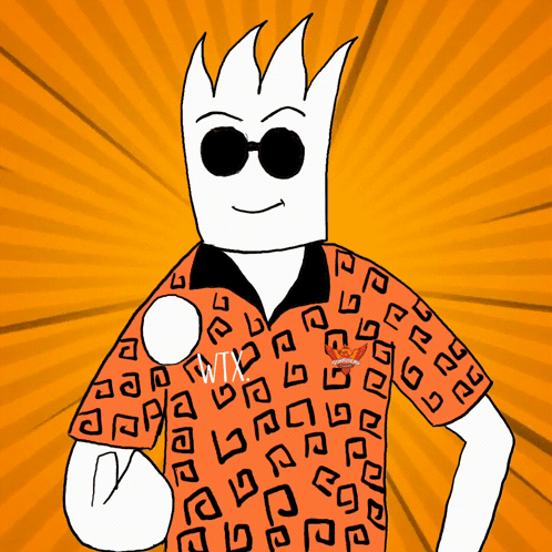 A Cartoon Character Wearing Sunglasses And An Orange Shirt That Says ' Avtx ' On It GIF