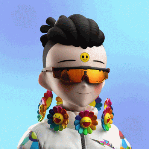 A Cartoon Character Wearing Sunglasses And Earrings With Smiley Faces On Them GIF