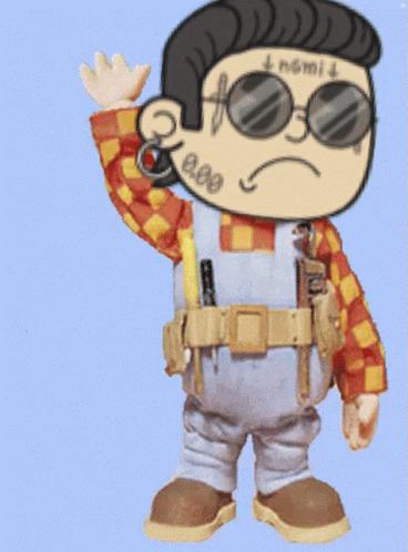 A Cartoon Character Wearing Sunglasses And Overalls Has The Word Enemy On His Face GIF