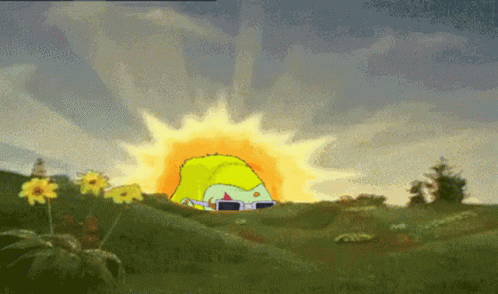 A Cartoon Character Wearing Sunglasses Stands In Front Of A Rising Sun GIF