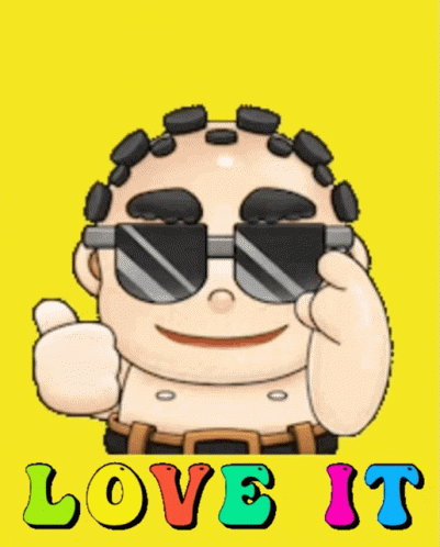 A Cartoon Character Wearing Sunglasses With The Words Very Cool Love It GIF