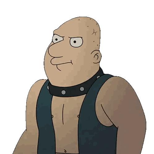 a cartoon character with a bald head and a choker