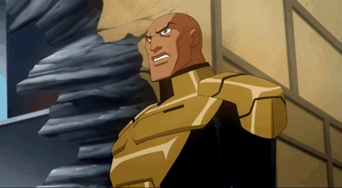 A Cartoon Character With A Bald Head And Gold Armor GIF