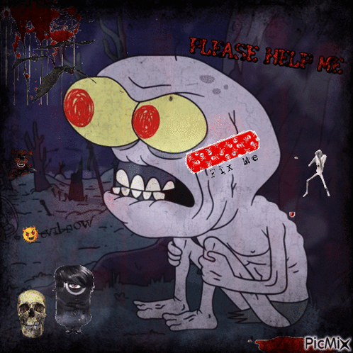 A Cartoon Character With A Bandage On His Face And The Words Please Help Me On The Bottom GIF